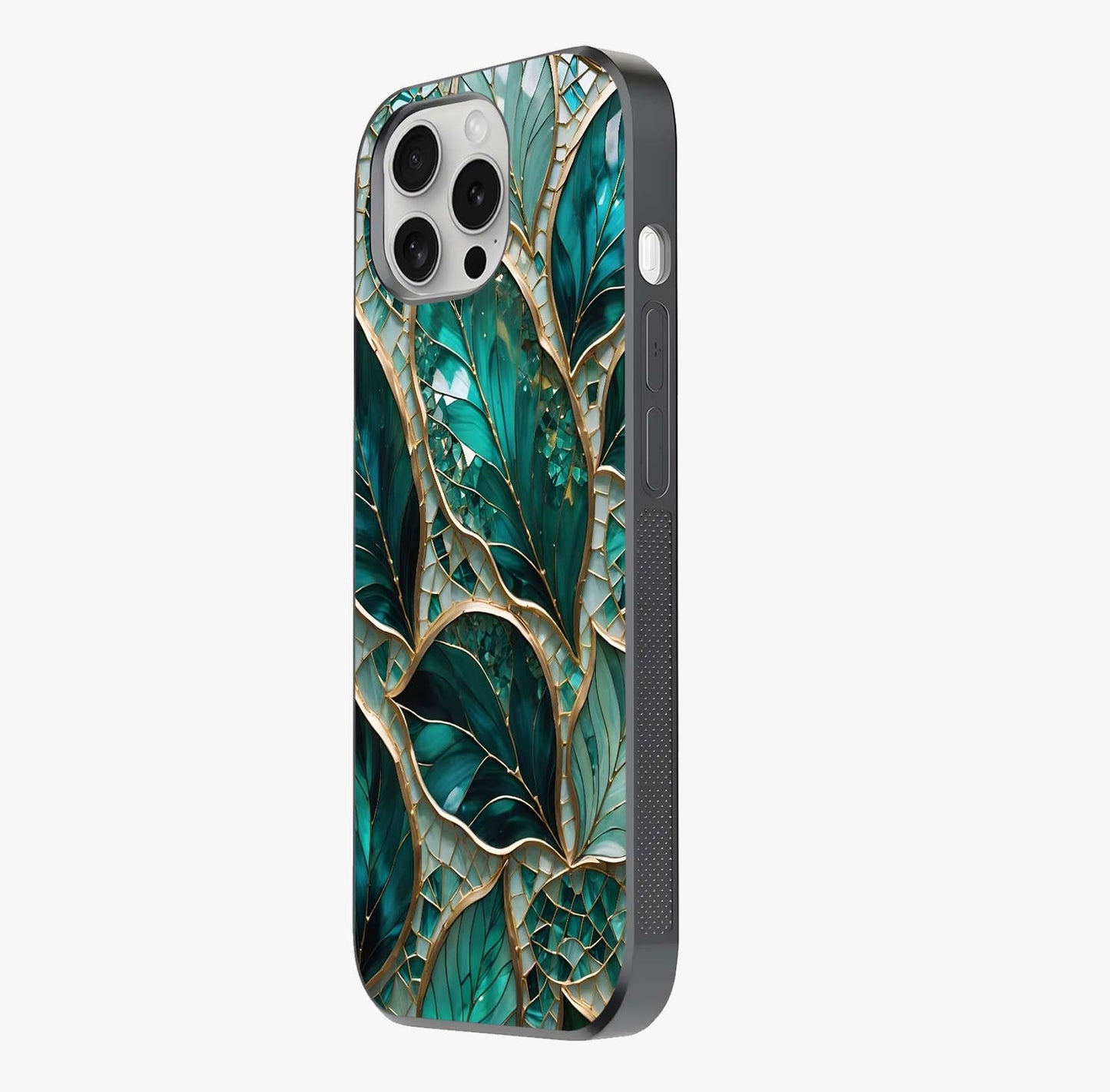 Emerald Leaf Glass Glass Case photographed in natural light showing reflective finish and design depth.