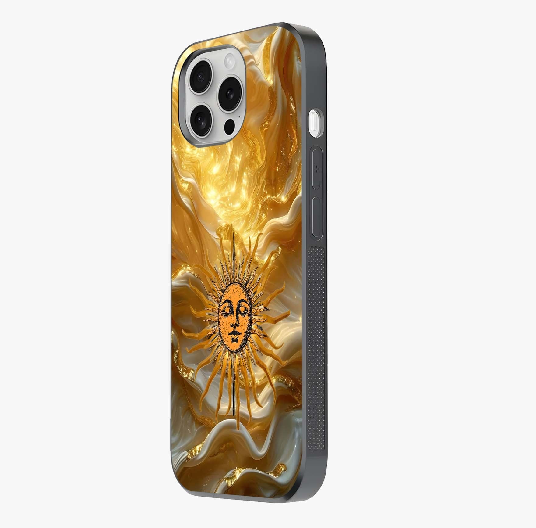 Eternal Golden Glow Glass Case photographed in natural light showing reflective finish and design depth.