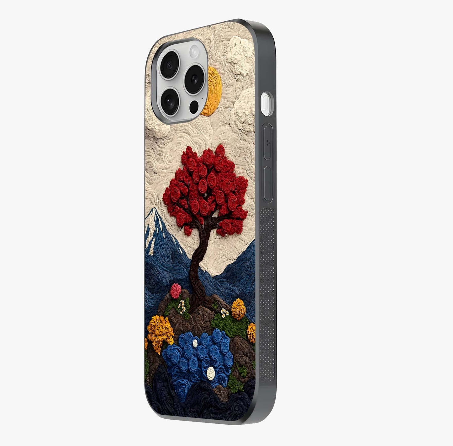 Eternal Nature Tapestry Glass Case photographed in natural light showing reflective finish and design depth.