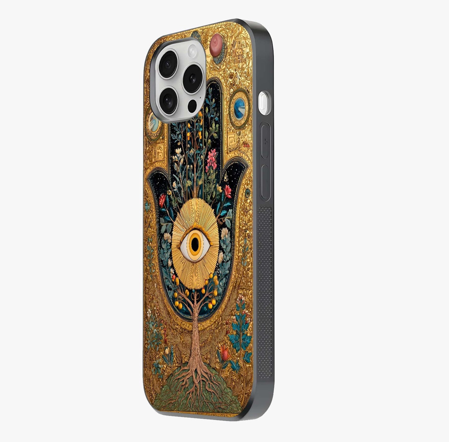 Ethereal Evil Eye Glass Case photographed in natural light showing reflective finish and design depth.