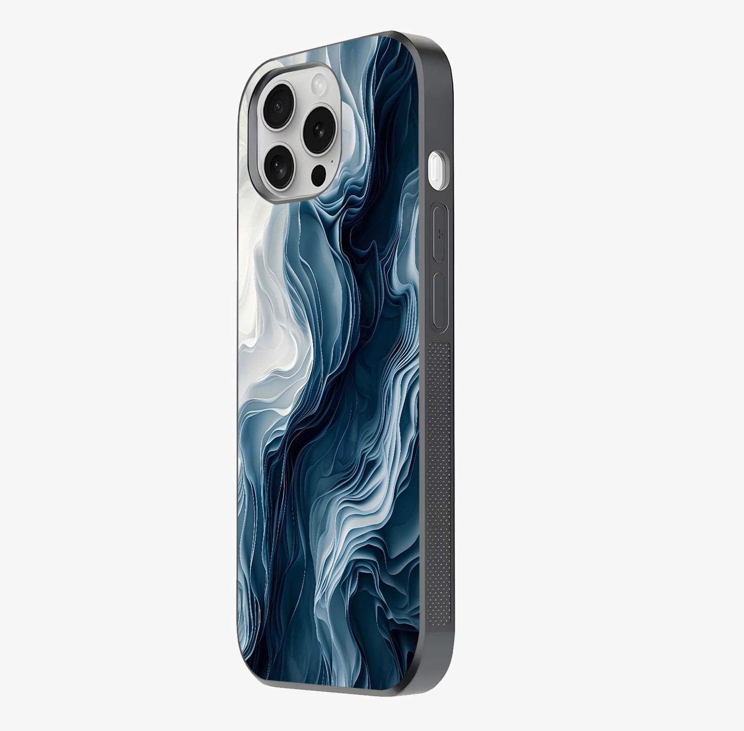 Ethereal Paper Marble Glass Case photographed in natural light showing reflective finish and design depth.