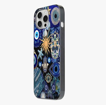 Evil Eye Charm Mix Glass Case photographed in natural light showing reflective finish and design depth.
