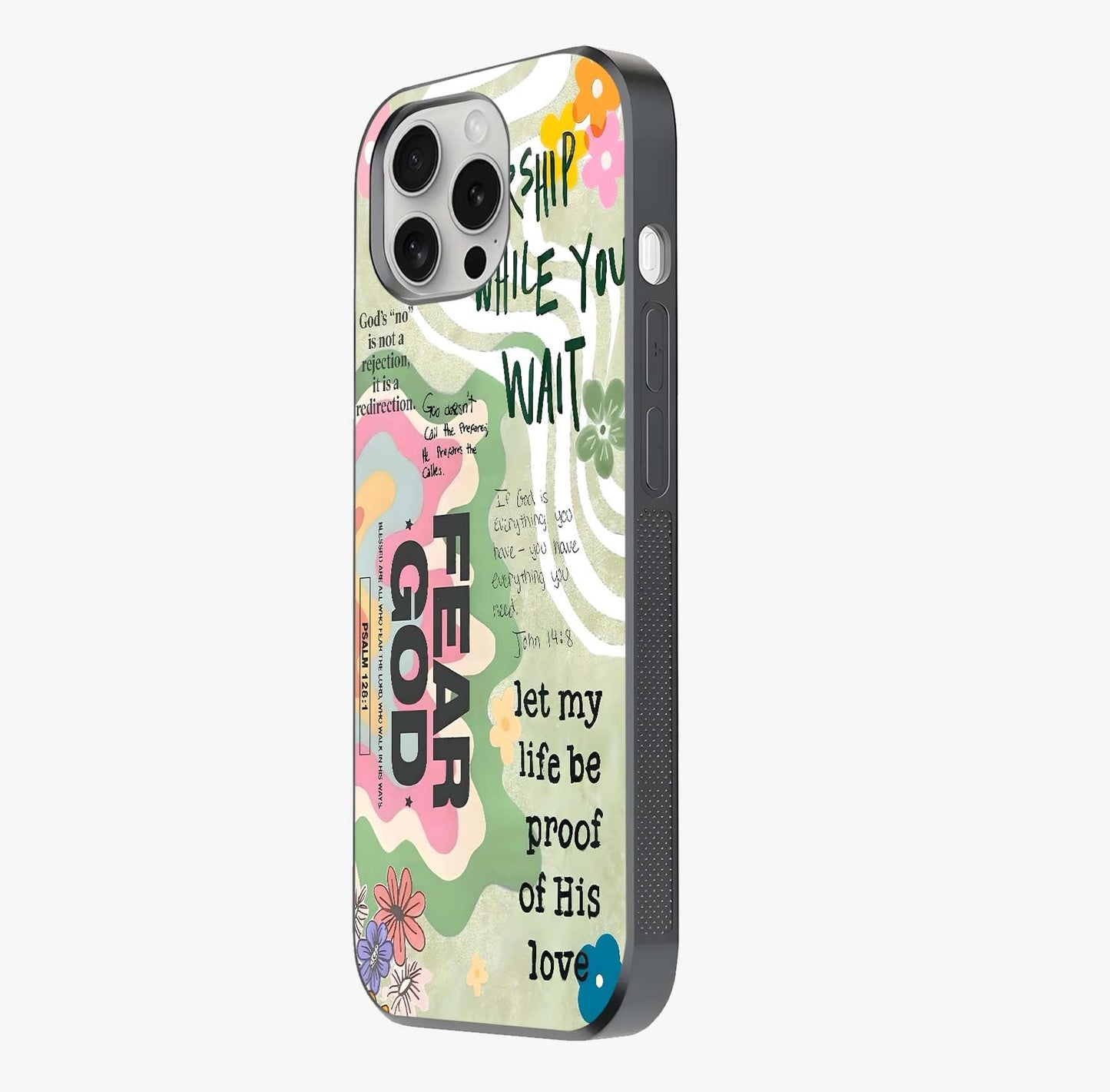Faith Over Fear Glass Case photographed in natural light showing reflective finish and design depth.