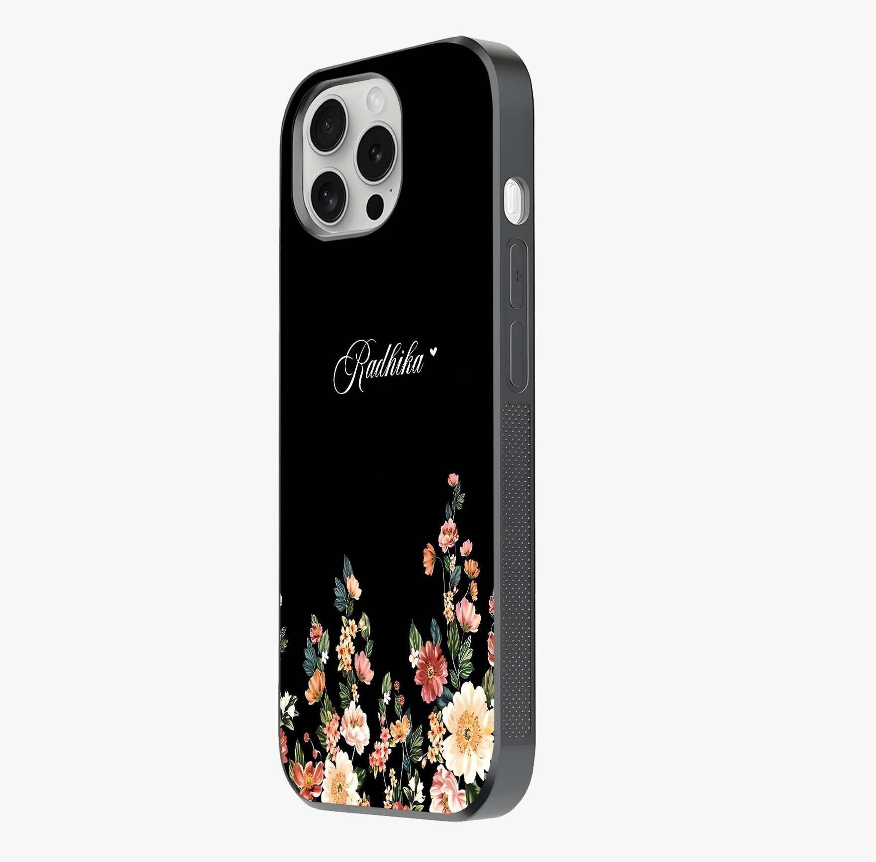 Floral Design With A Custom Personalized Name Glass Case photographed in natural light showing reflective finish and design depth.
