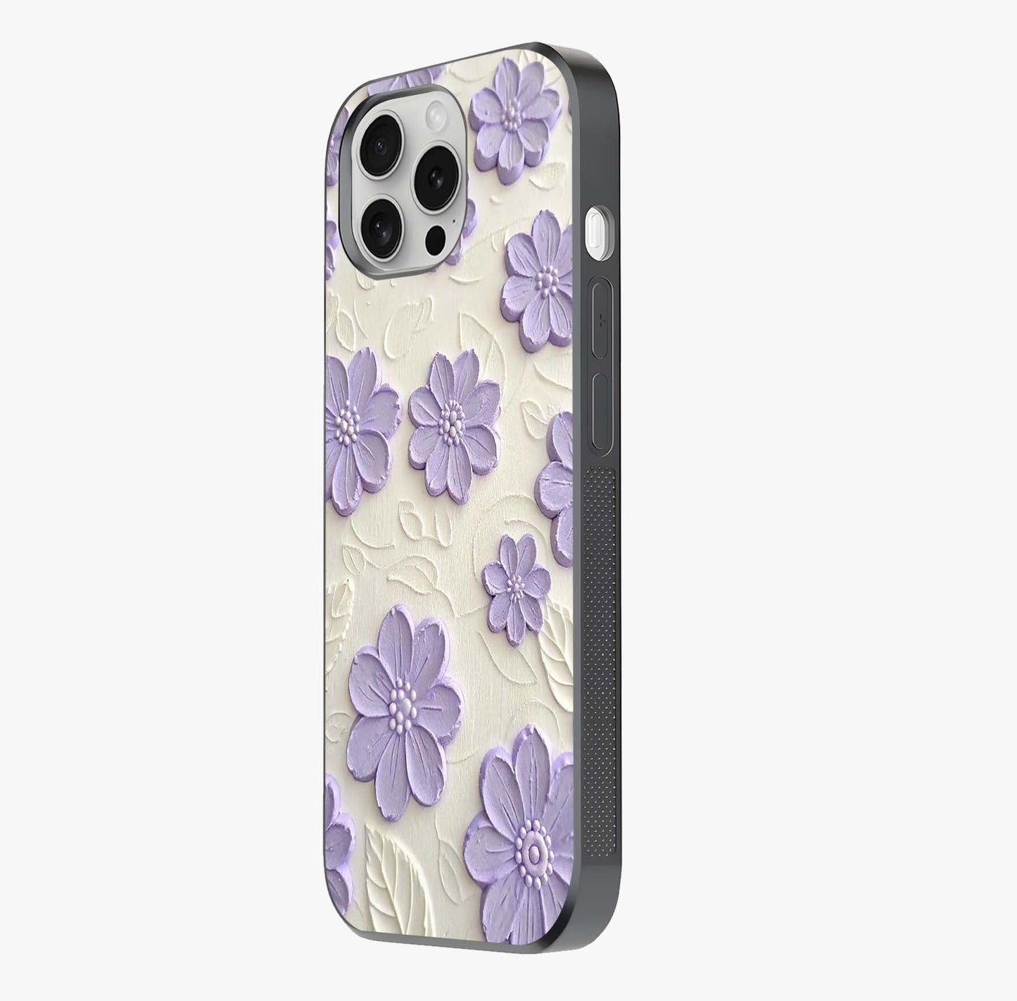 Floral Wall Art With Purple Flowers Glass Case photographed in natural light showing reflective finish and design depth.