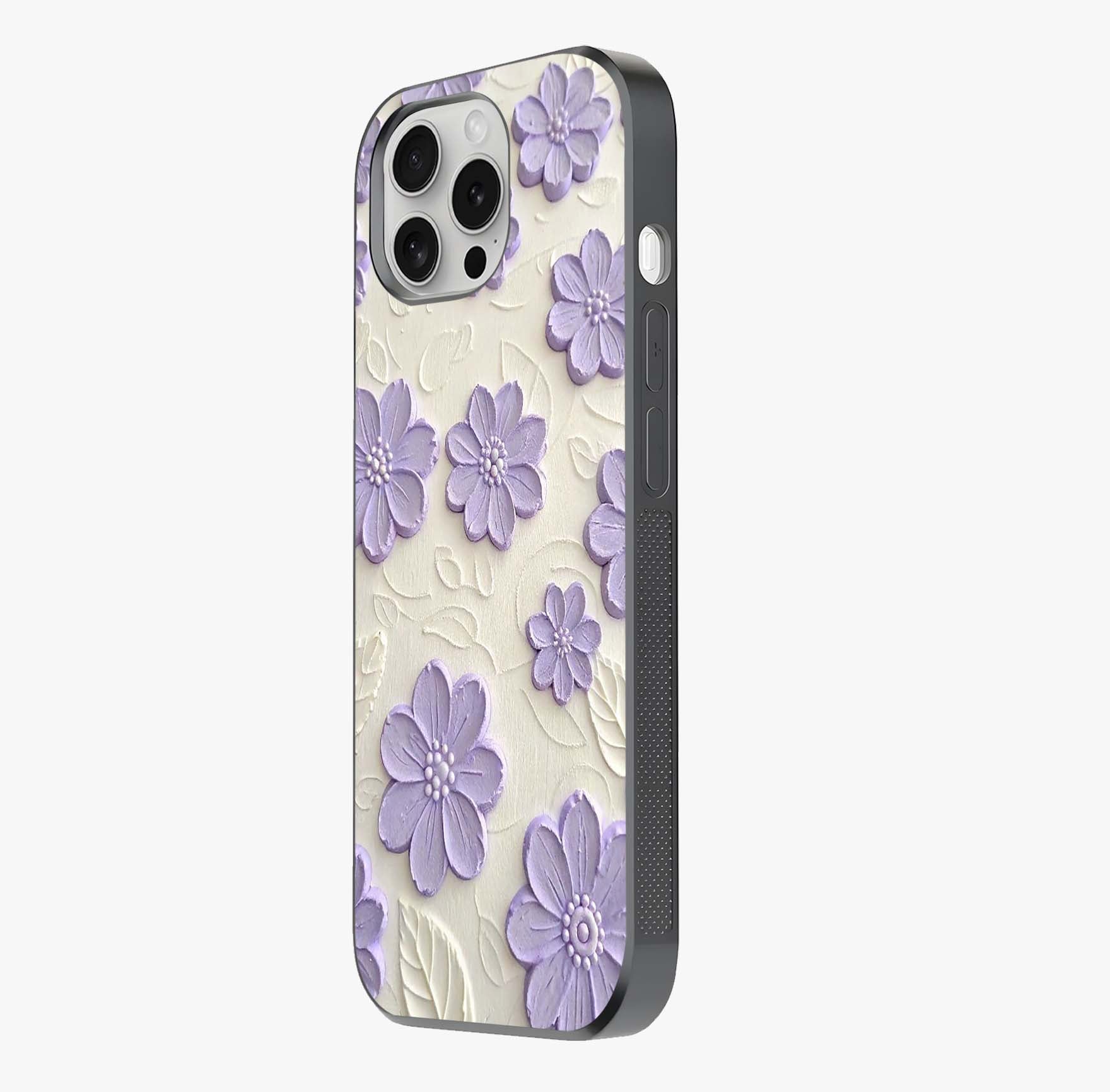 Floral Wall Art With Purple Flowers Glass Case photographed in natural light showing reflective finish and design depth.