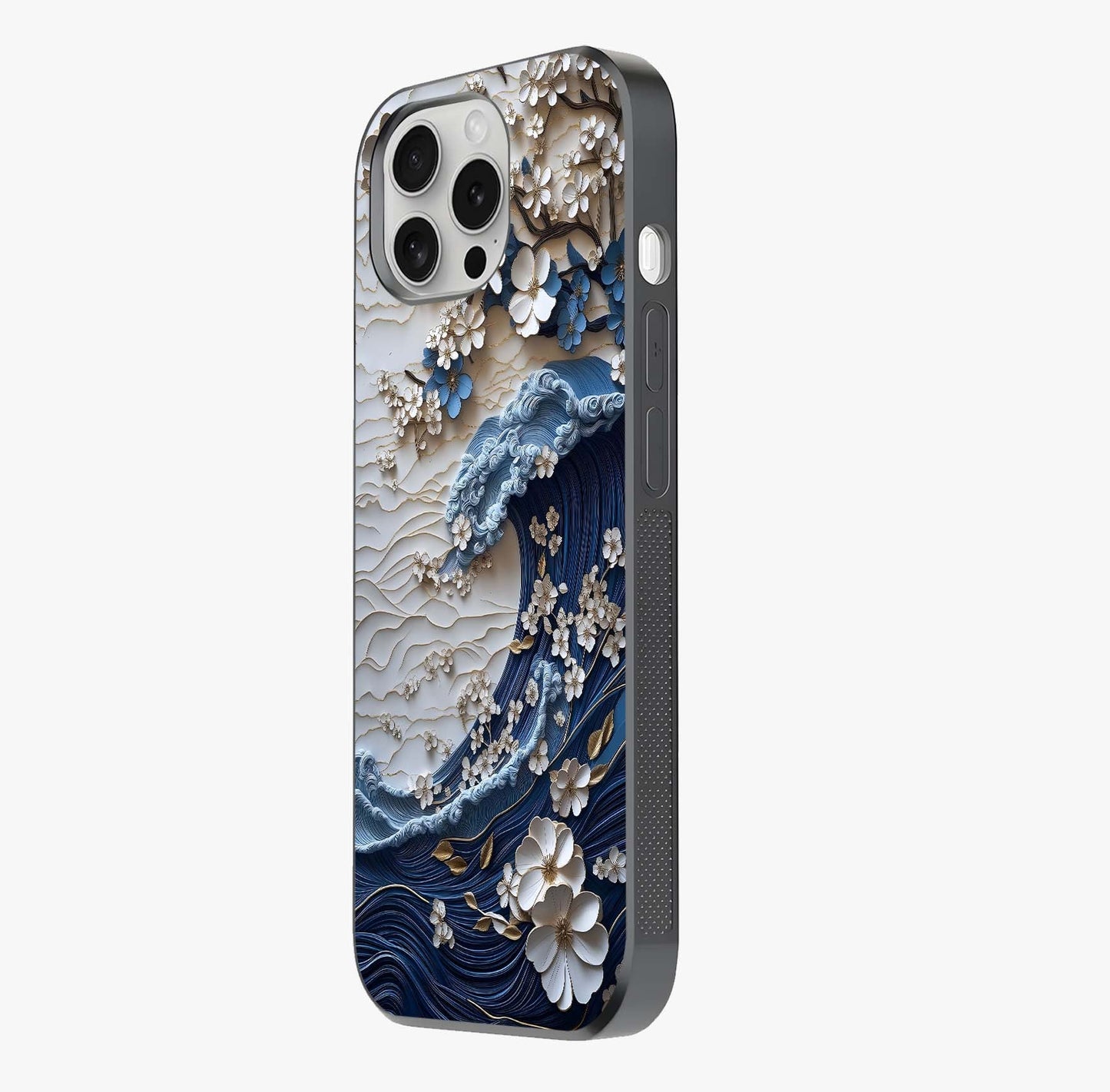 Floral Wave Origami Glass Case photographed in natural light showing reflective finish and design depth.
