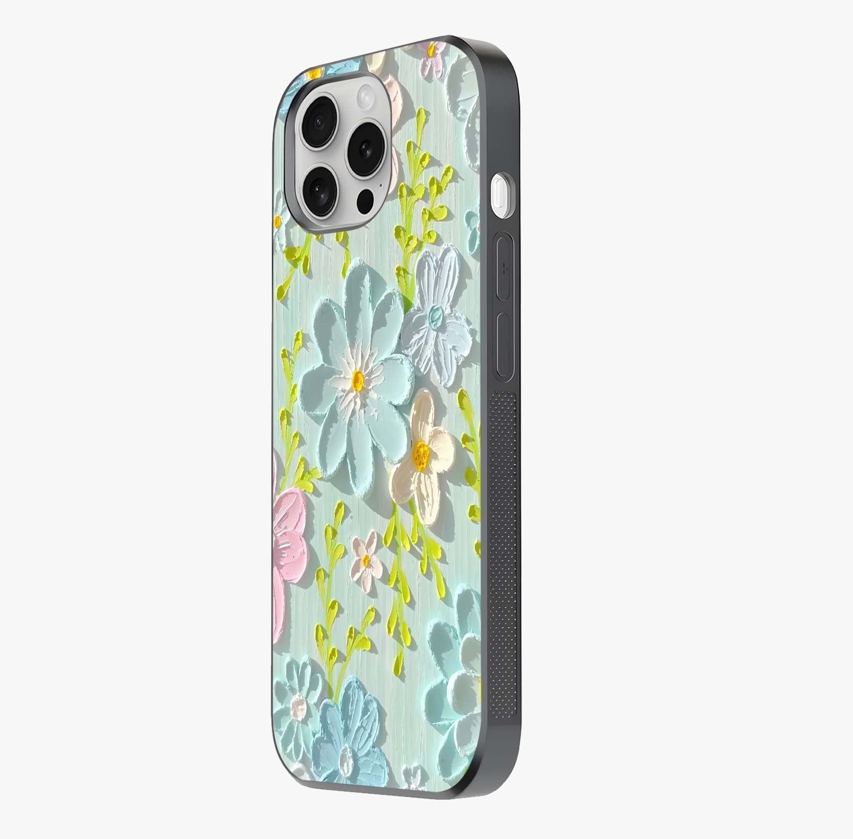 Frosted Petal Garden Glass Case photographed in natural light showing reflective finish and design depth.