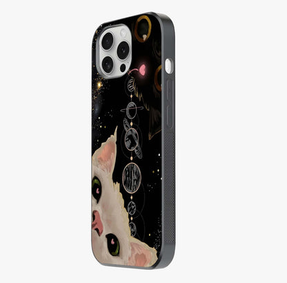 Galactic Cat Glass Case photographed in natural light showing reflective finish and design depth.