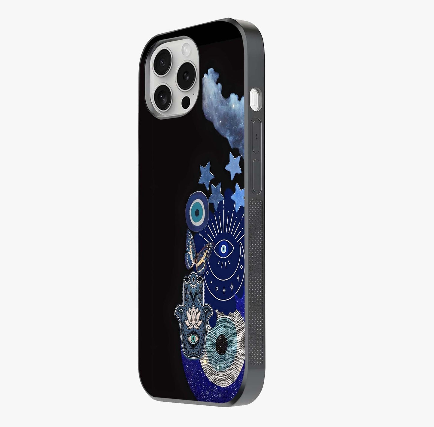 Galactic Charm Cluster Glass Case photographed in natural light showing reflective finish and design depth.