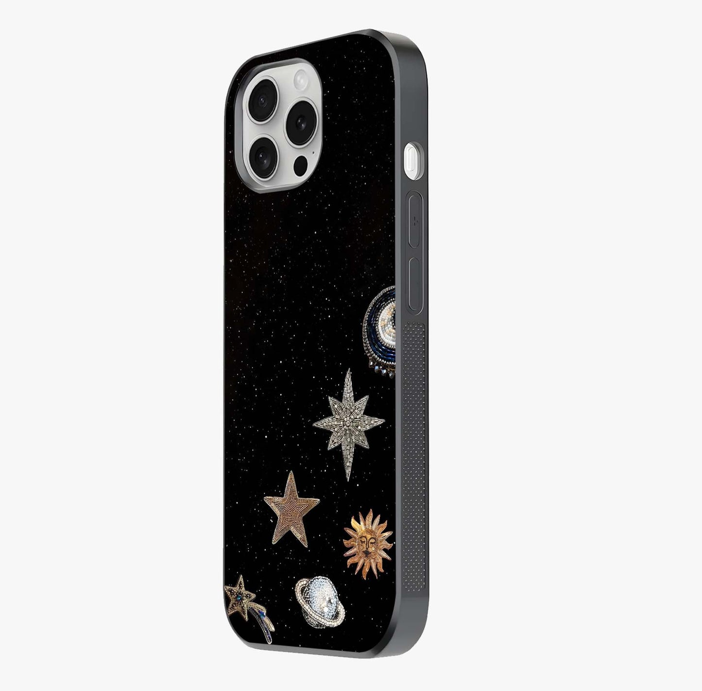 Galactic Charm Glow Glass Case photographed in natural light showing reflective finish and design depth.