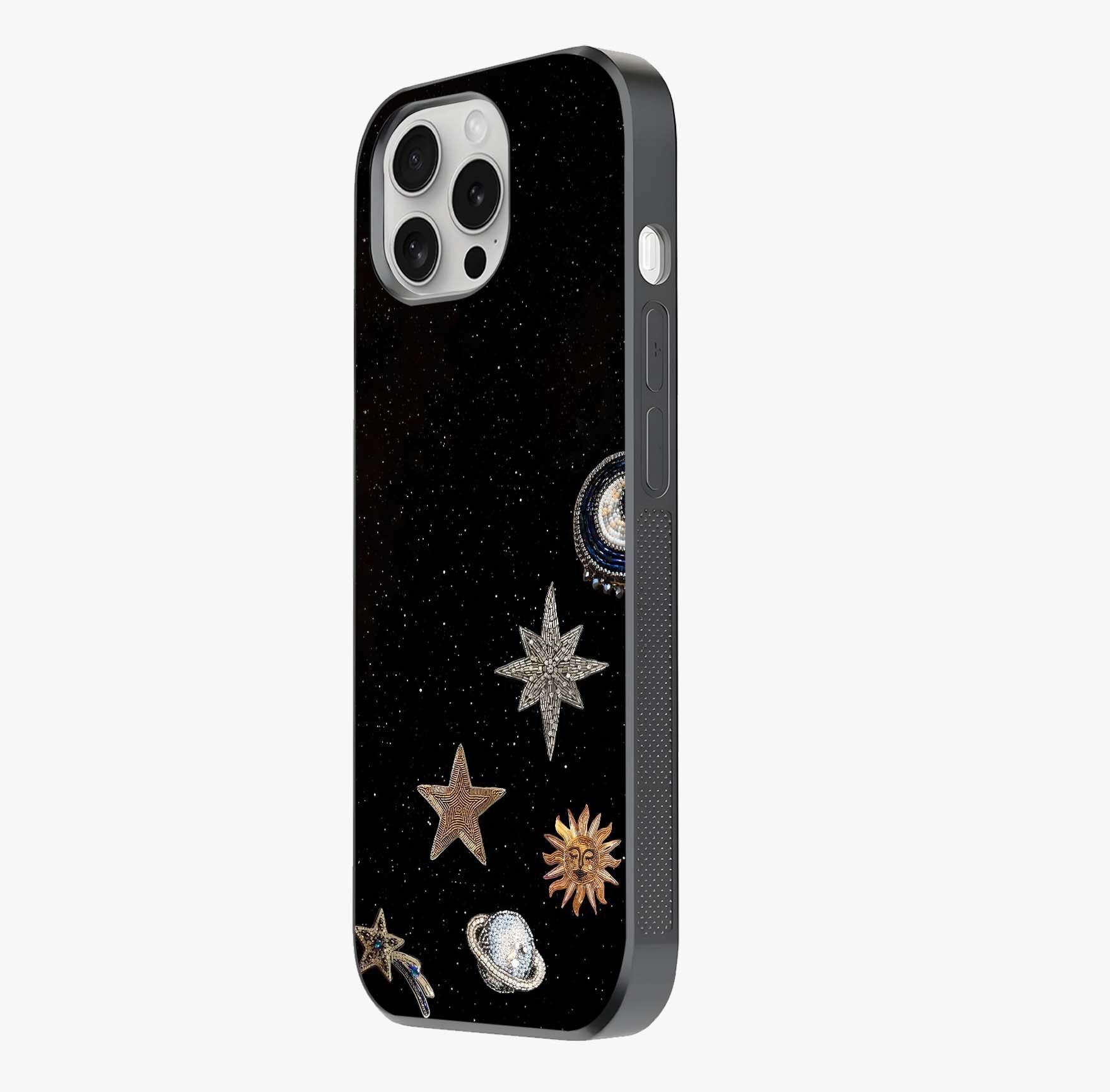 Galactic Charm Glow Glass Case photographed in natural light showing reflective finish and design depth.