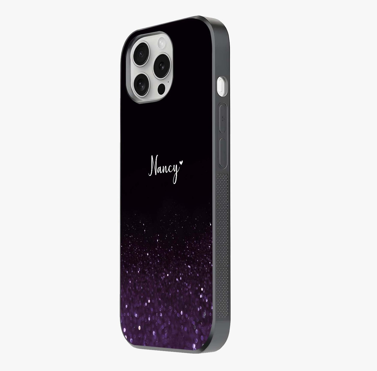 Glittery Purple Bokeh Custom Name Glass Case photographed in natural light showing reflective finish and design depth.