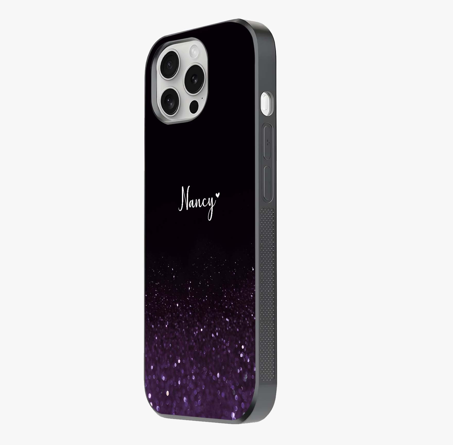 Glittery Purple Bokeh Custom Name Glass Case photographed in natural light showing reflective finish and design depth.