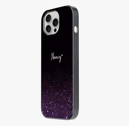 Glittery Purple Bokeh Custom Name Glass Case photographed in natural light showing reflective finish and design depth.