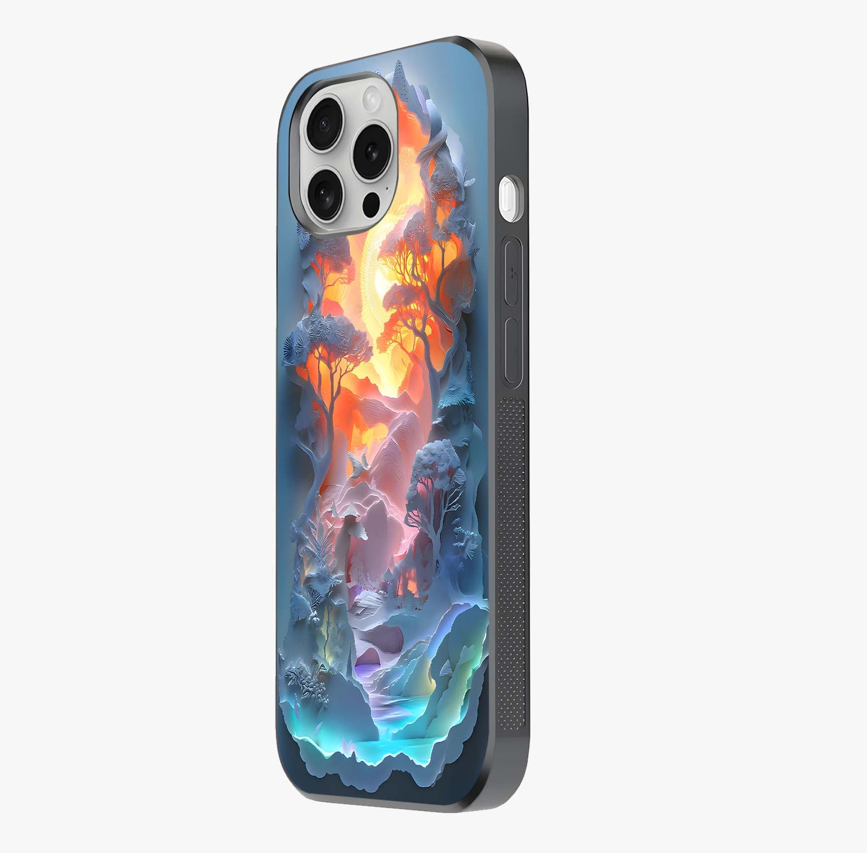 Glow Forest Portal Glass Case photographed in natural light showing reflective finish and design depth.