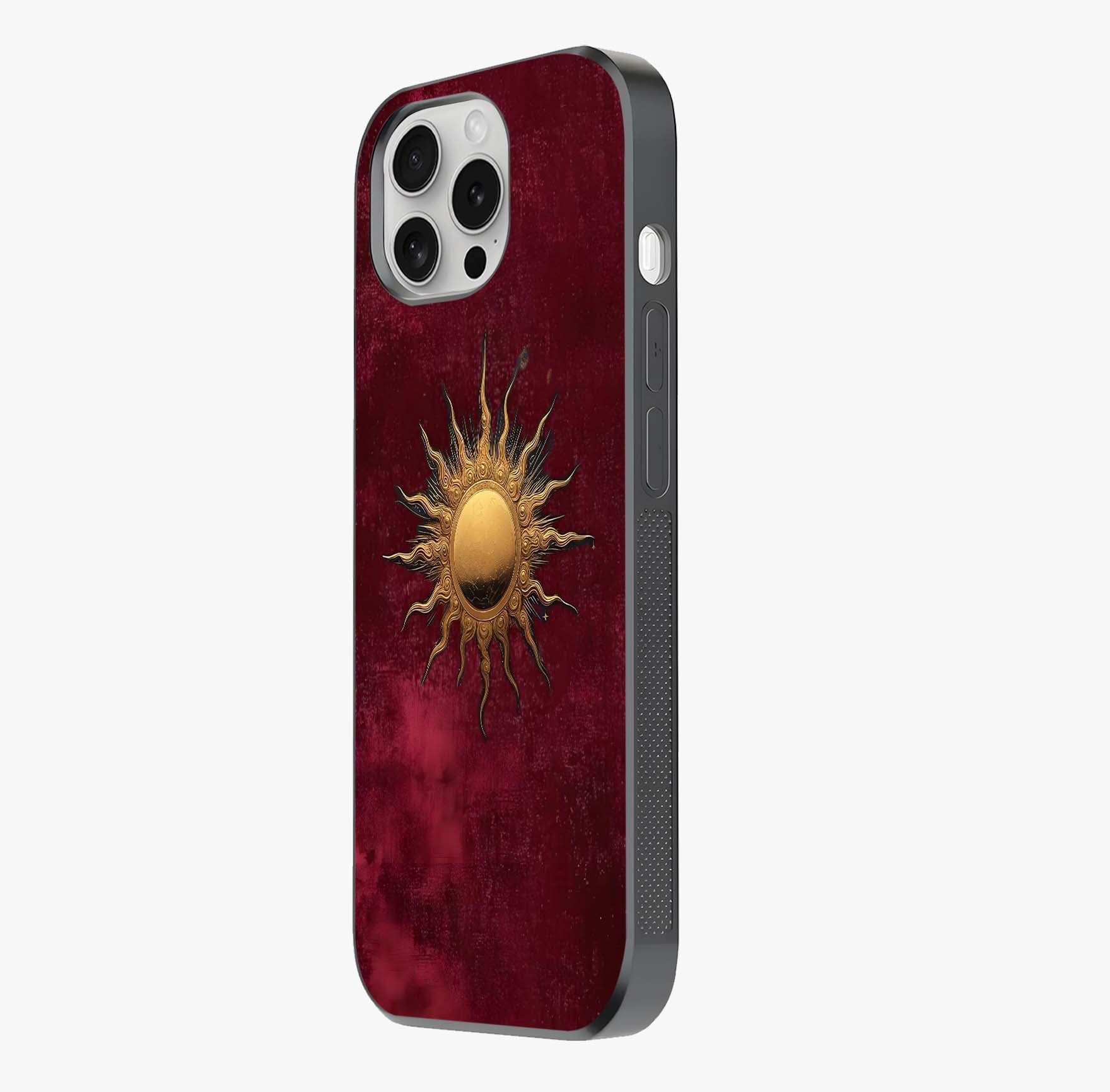 Gold Sun Blush Glass Case photographed in natural light showing reflective finish and design depth.