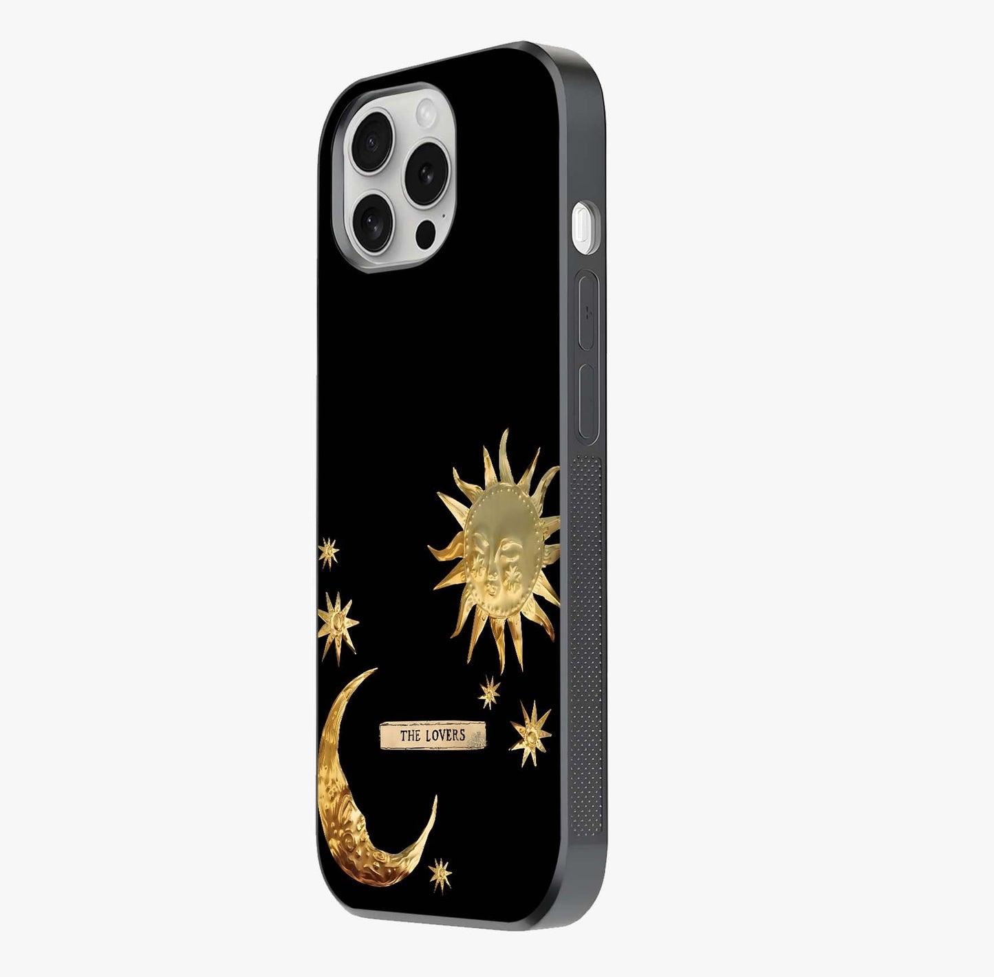 Golden Celestial Charm Glass Case photographed in natural light showing reflective finish and design depth.