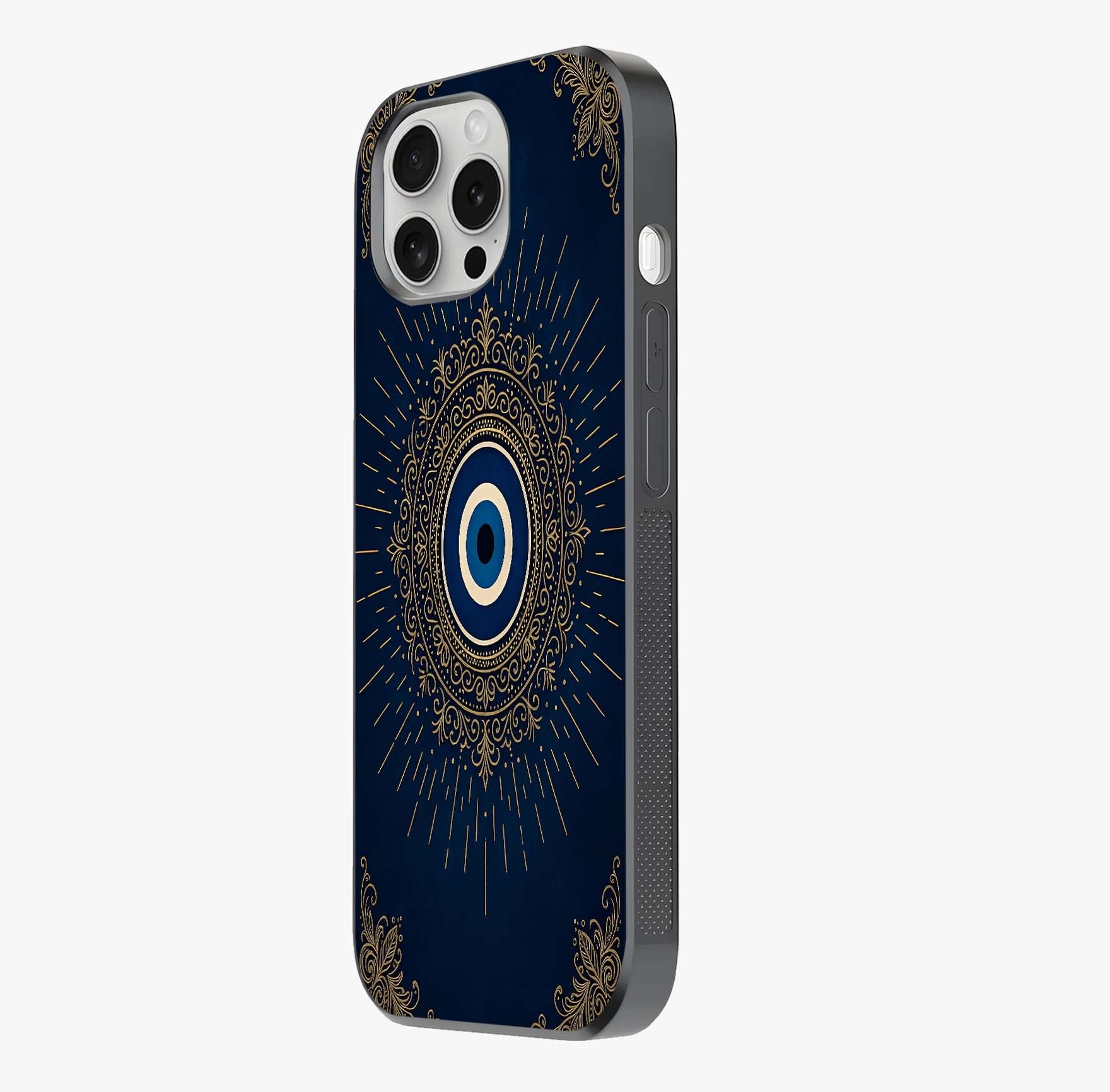 Golden Evil Eye Mandala Glass Case photographed in natural light showing reflective finish and design depth.