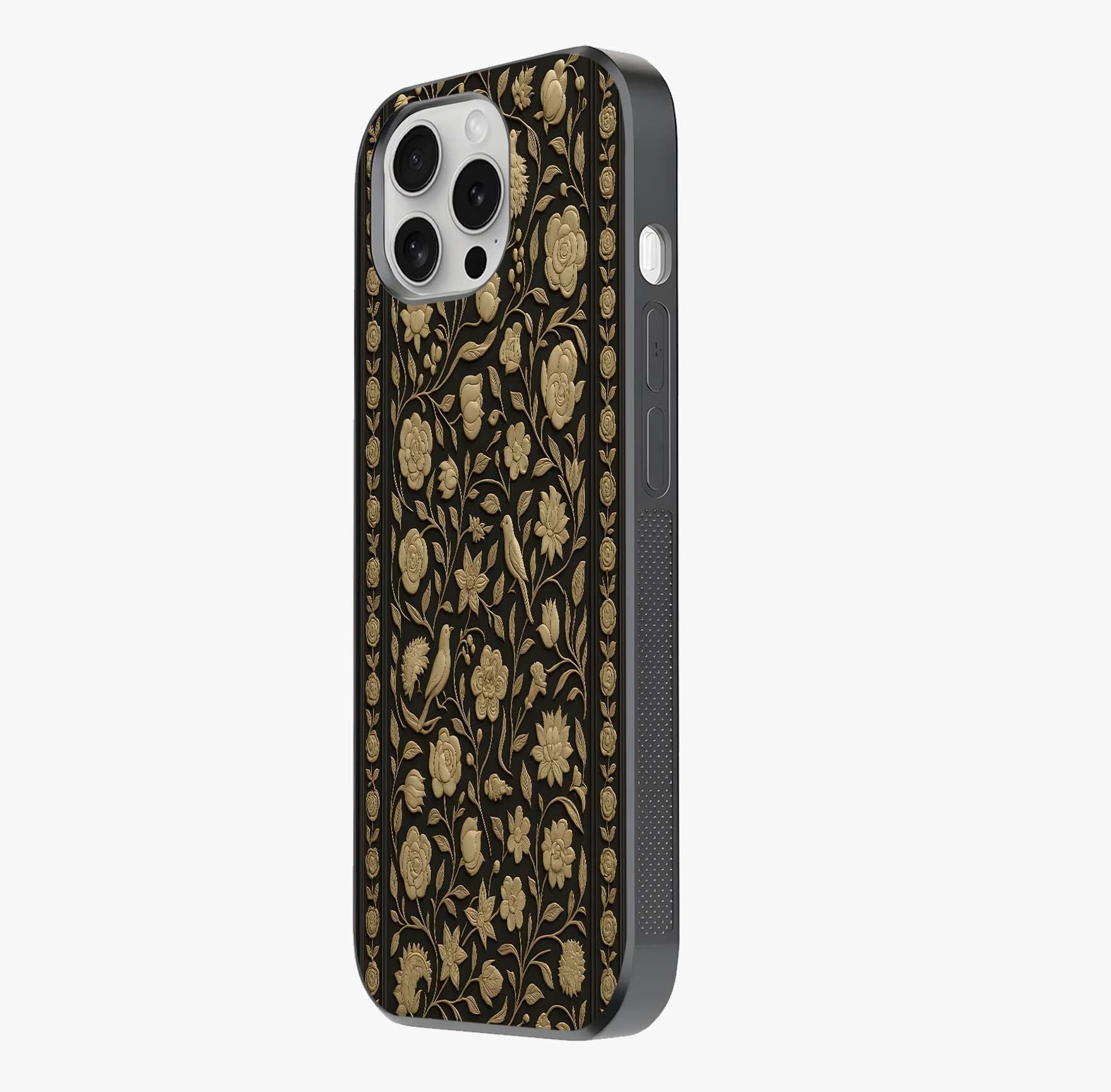 Golden Floral Majesty Glass Case photographed in natural light showing reflective finish and design depth.
