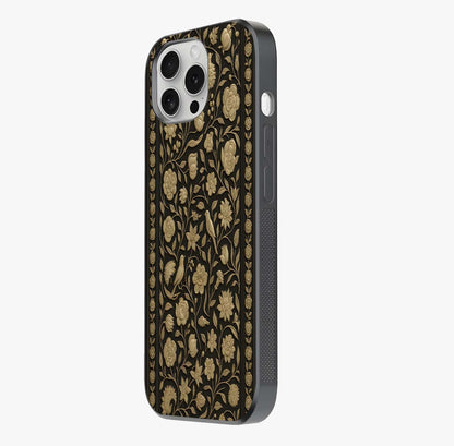 Golden Floral Majesty Glass Case photographed in natural light showing reflective finish and design depth.