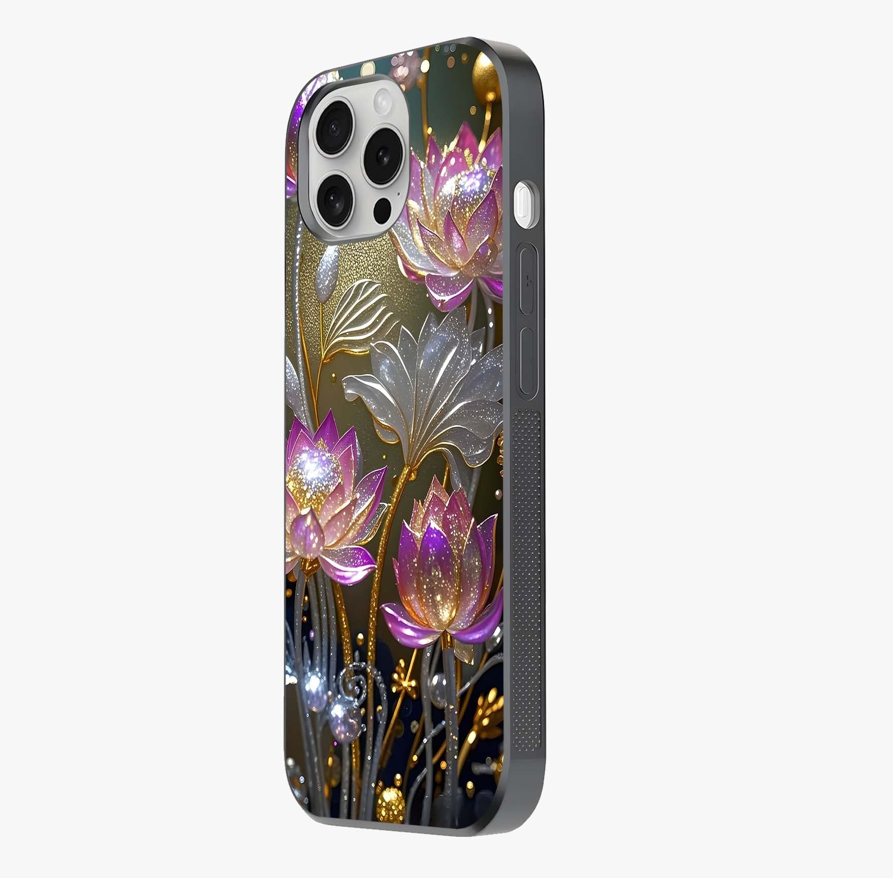 Golden Lotus Glow Glass Case photographed in natural light showing reflective finish and design depth.