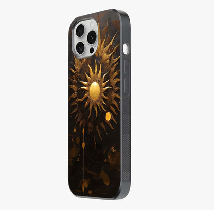 Golden Sun Majesty Glass Case photographed in natural light showing reflective finish and design depth.