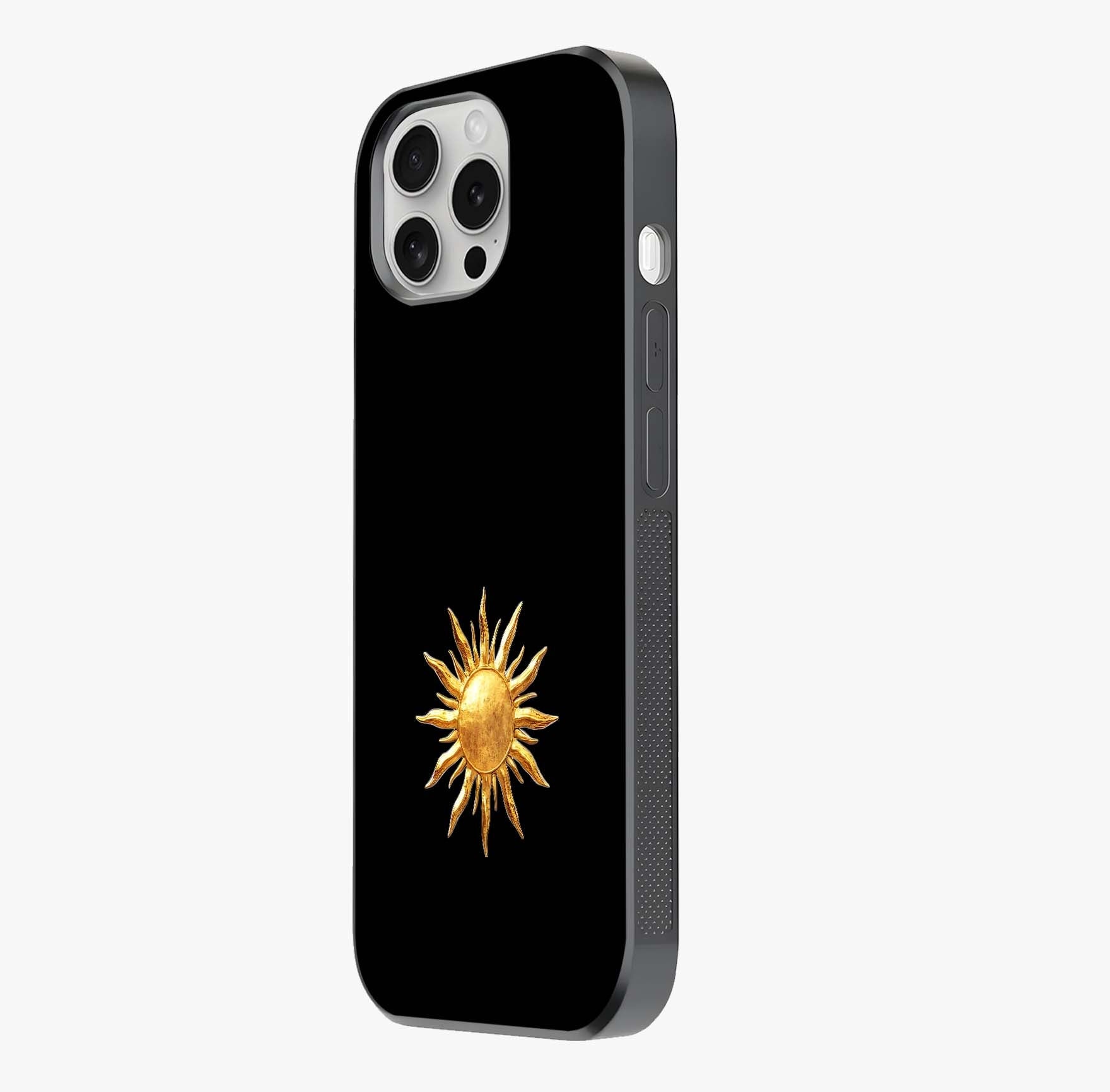 Golden Sun Minimalism Glass Case photographed in natural light showing reflective finish and design depth.