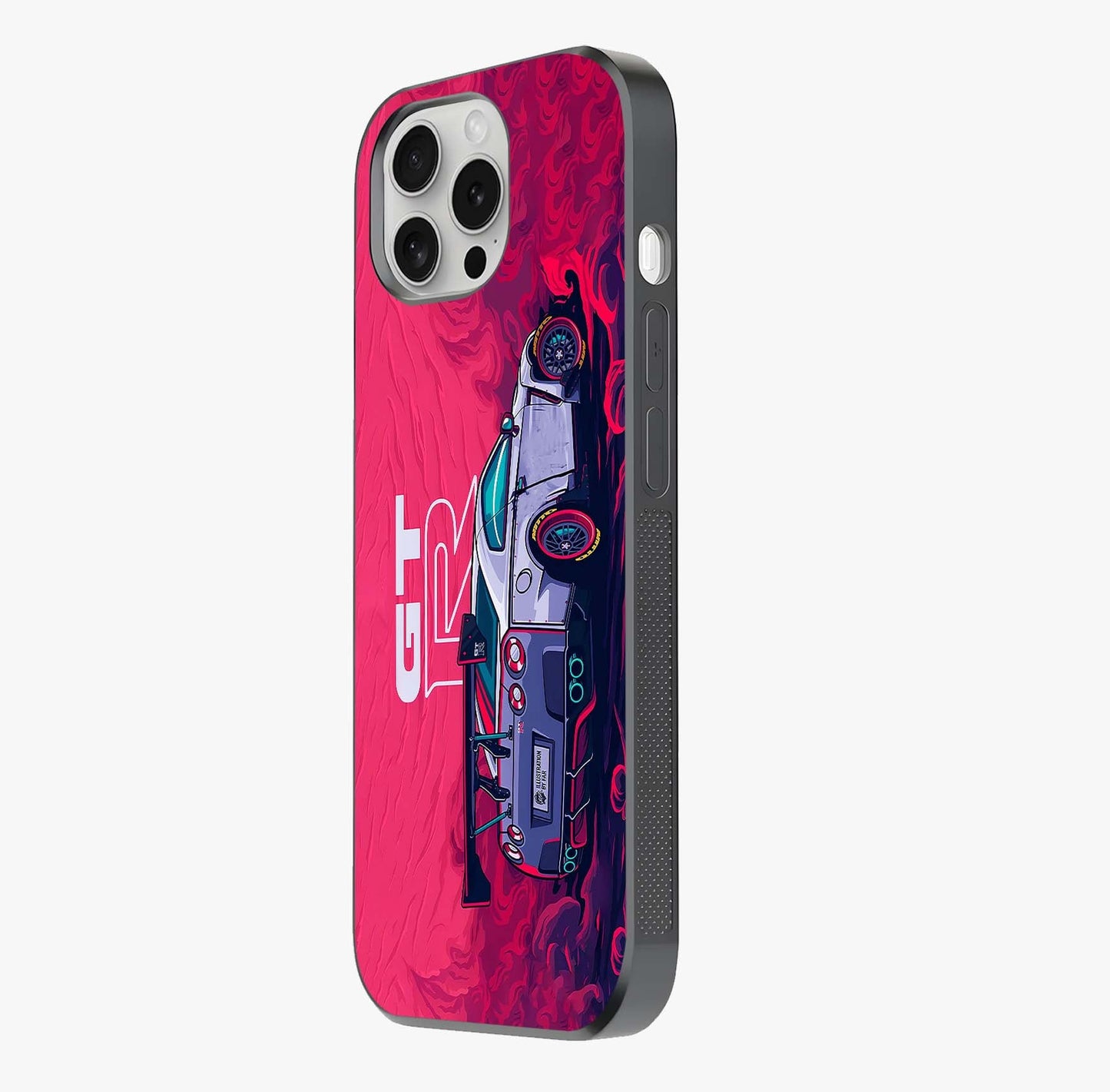 GT R Car Pattern Glass Case photographed in natural light showing reflective finish and design depth.