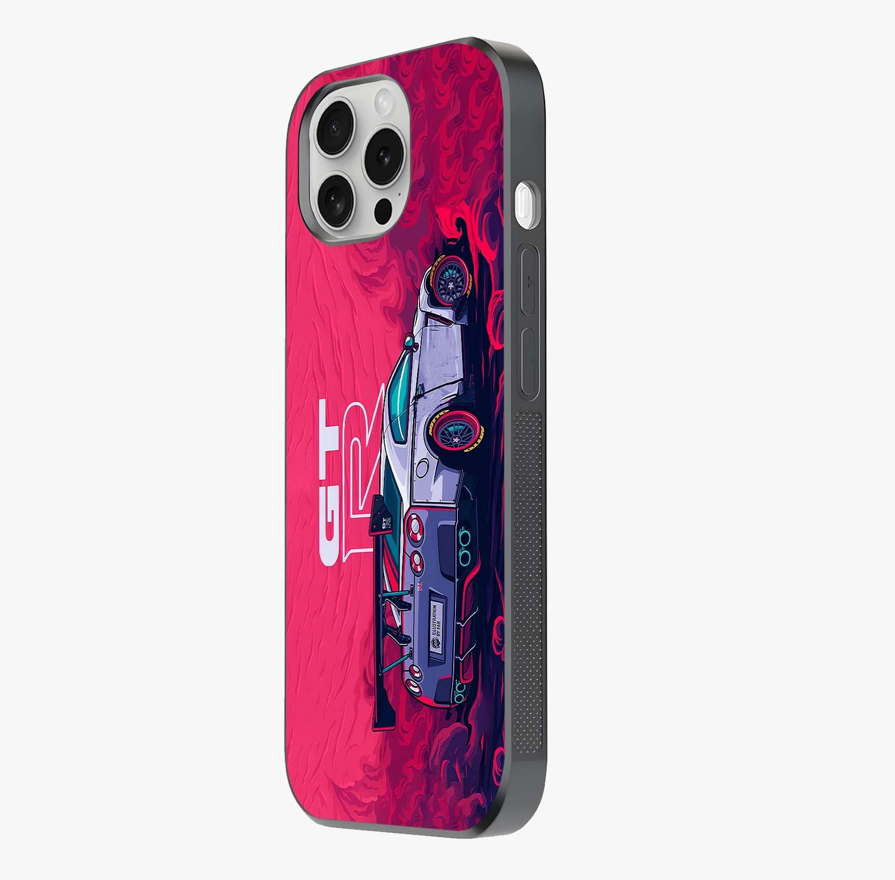 GT R Car Pattern Glass Case photographed in natural light showing reflective finish and design depth.