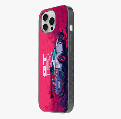 GT R Car Pattern Glass Case photographed in natural light showing reflective finish and design depth.