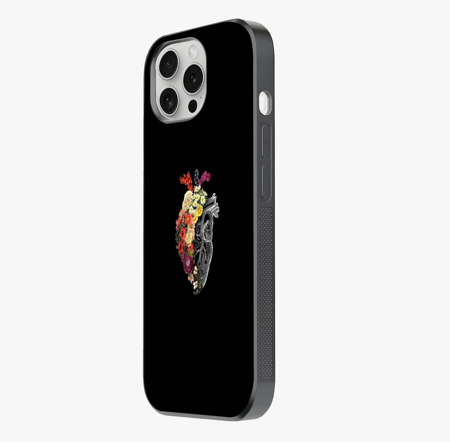 Heart With Flowers Glass Case photographed in natural light showing reflective finish and design depth.