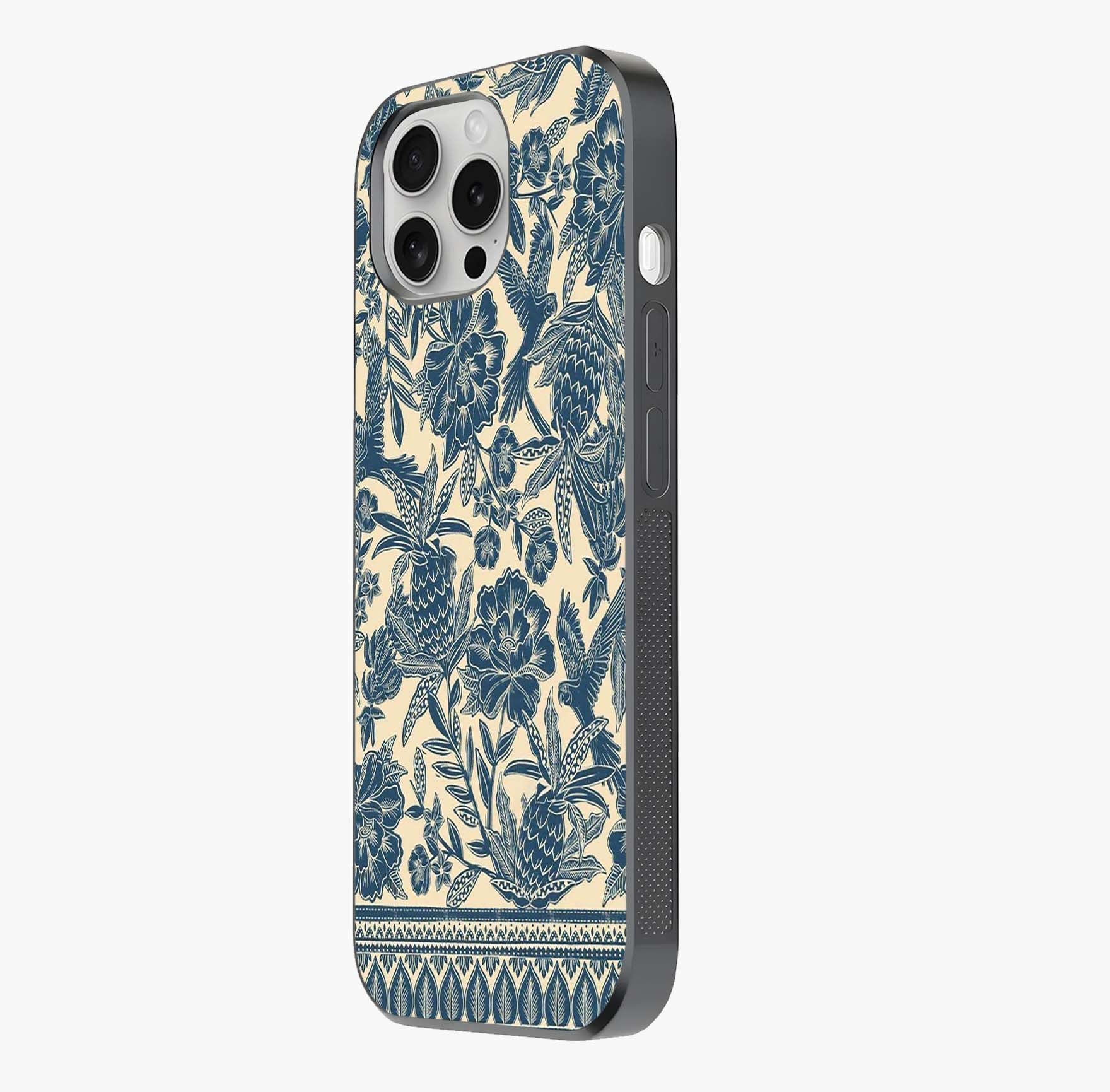 Heirloom Wild Bloom Glass Case photographed in natural light showing reflective finish and design depth.