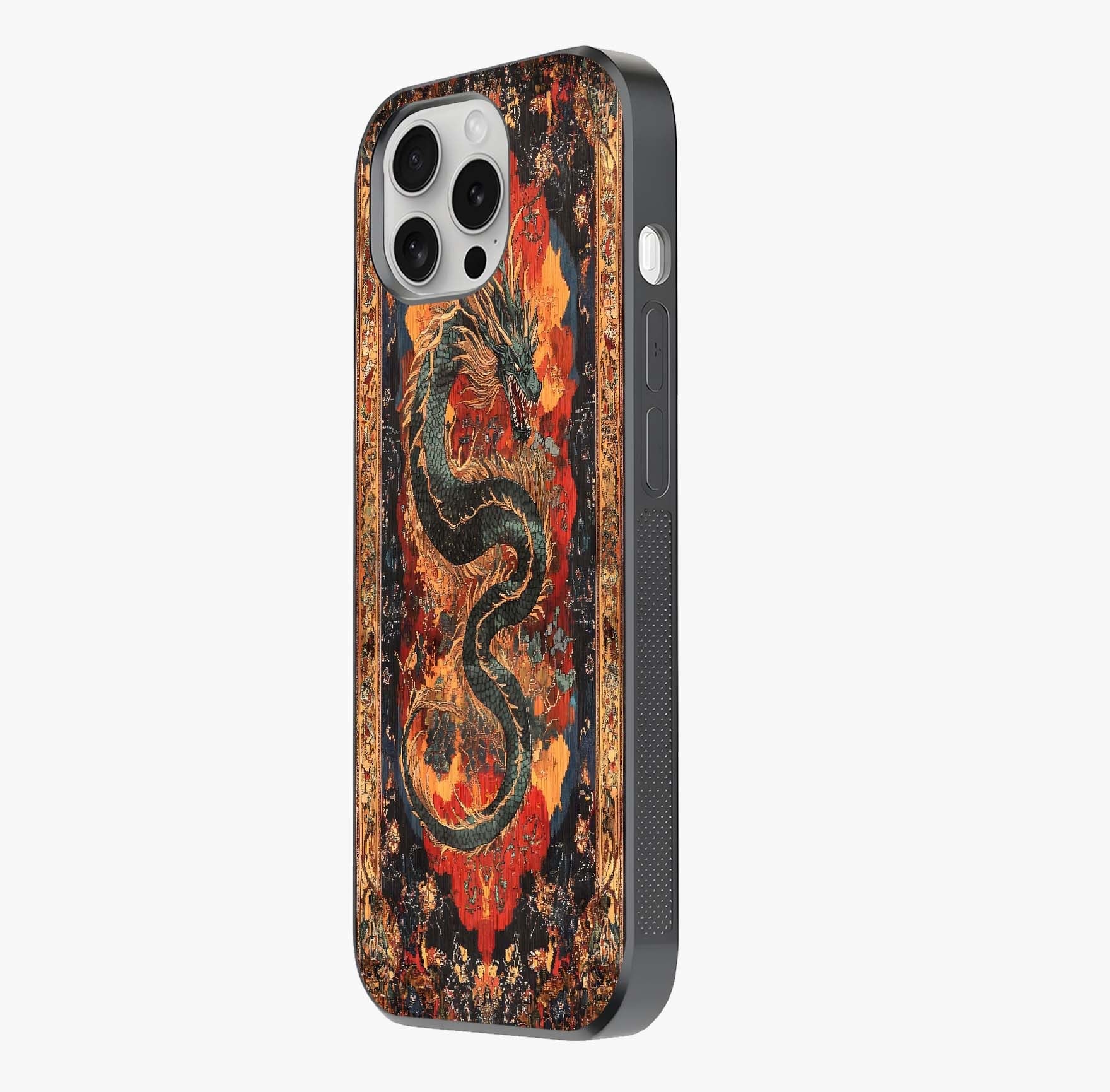 Inferno Dragon Soul Glass Case photographed in natural light showing reflective finish and design depth.