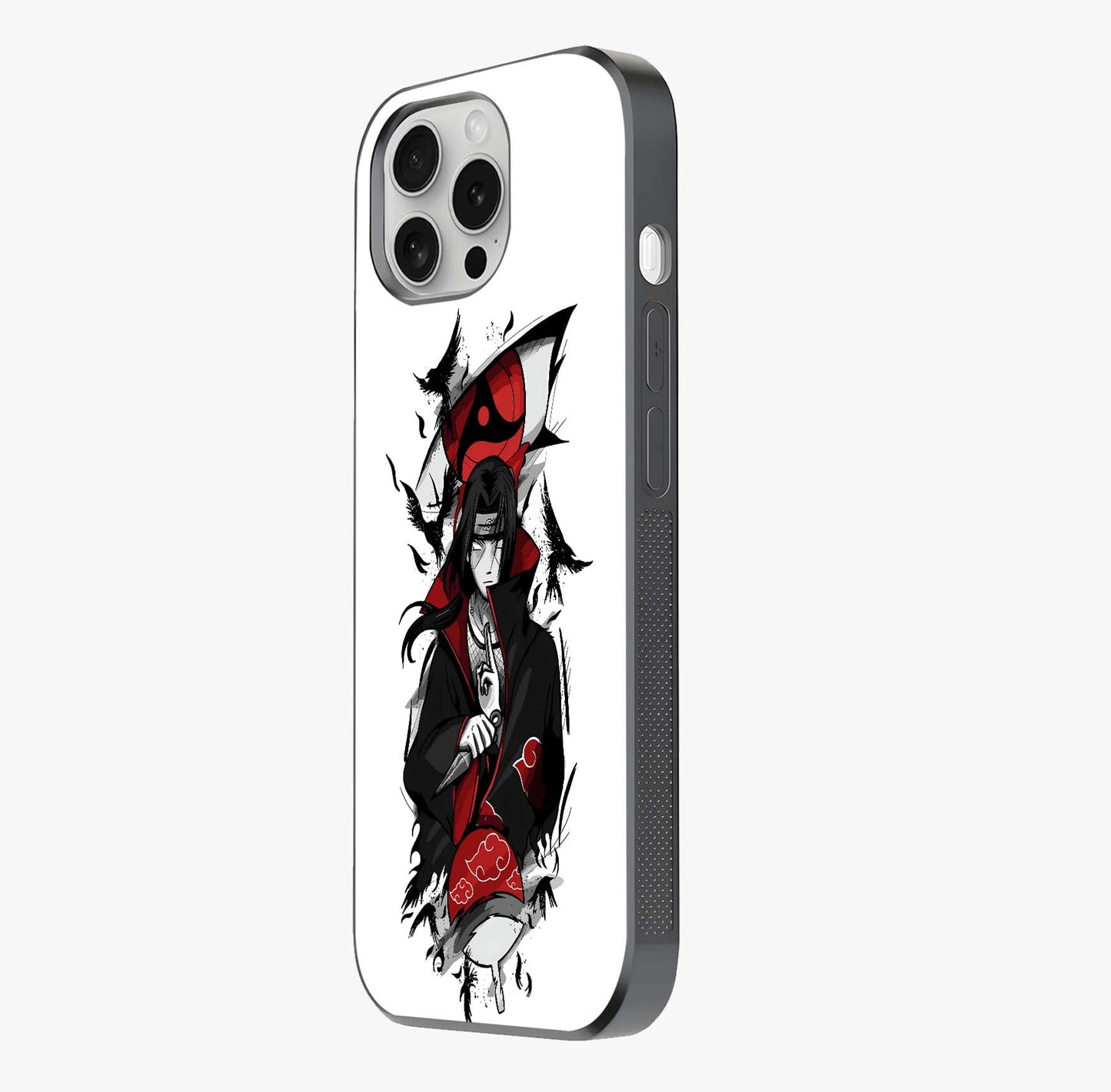 Itachi Sharingan Glass Case photographed in natural light showing reflective finish and design depth.
