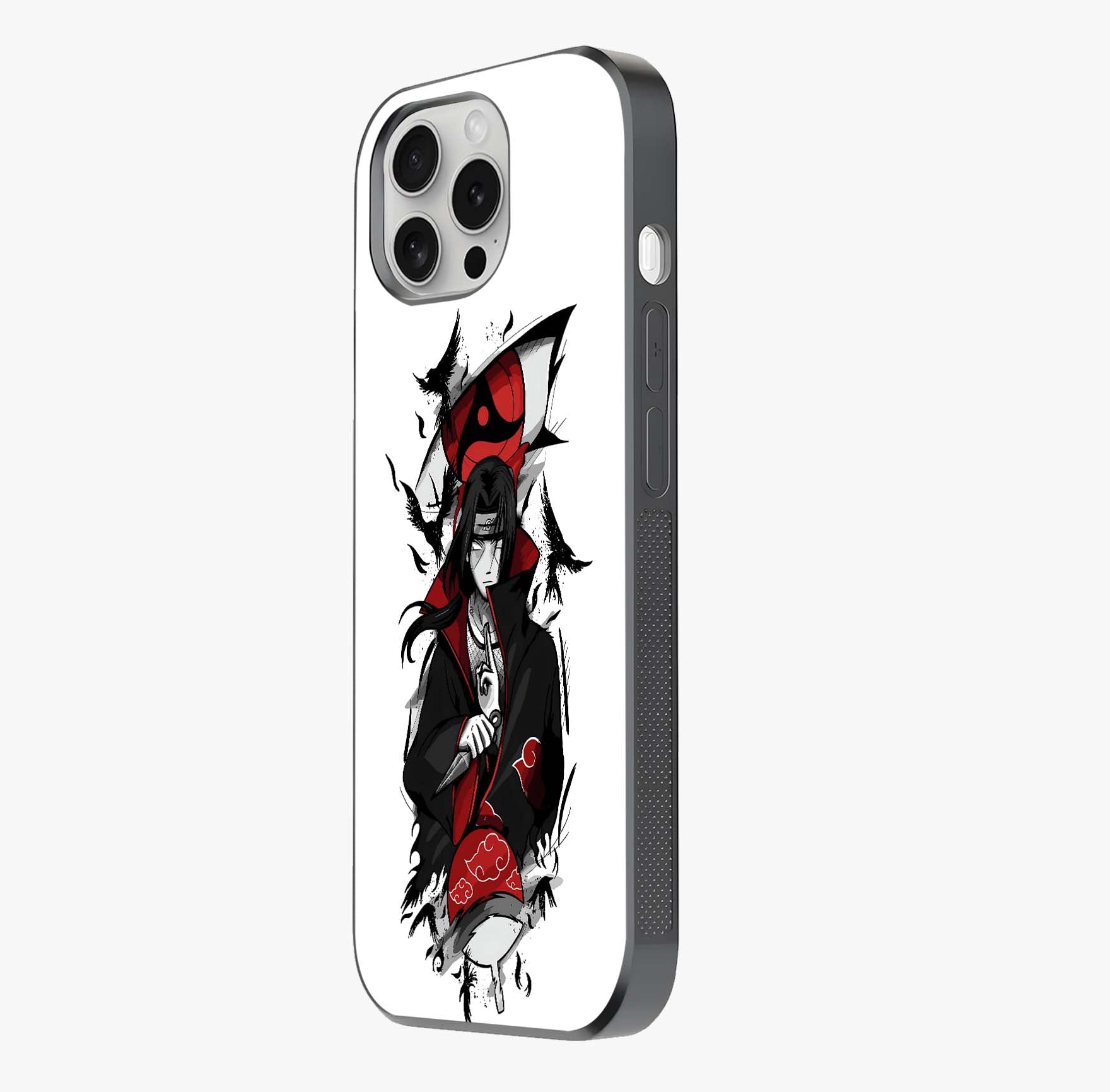 Itachi Sharingan Glass Case photographed in natural light showing reflective finish and design depth.