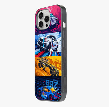 Jdm Sports Car Glass Case photographed in natural light showing reflective finish and design depth.