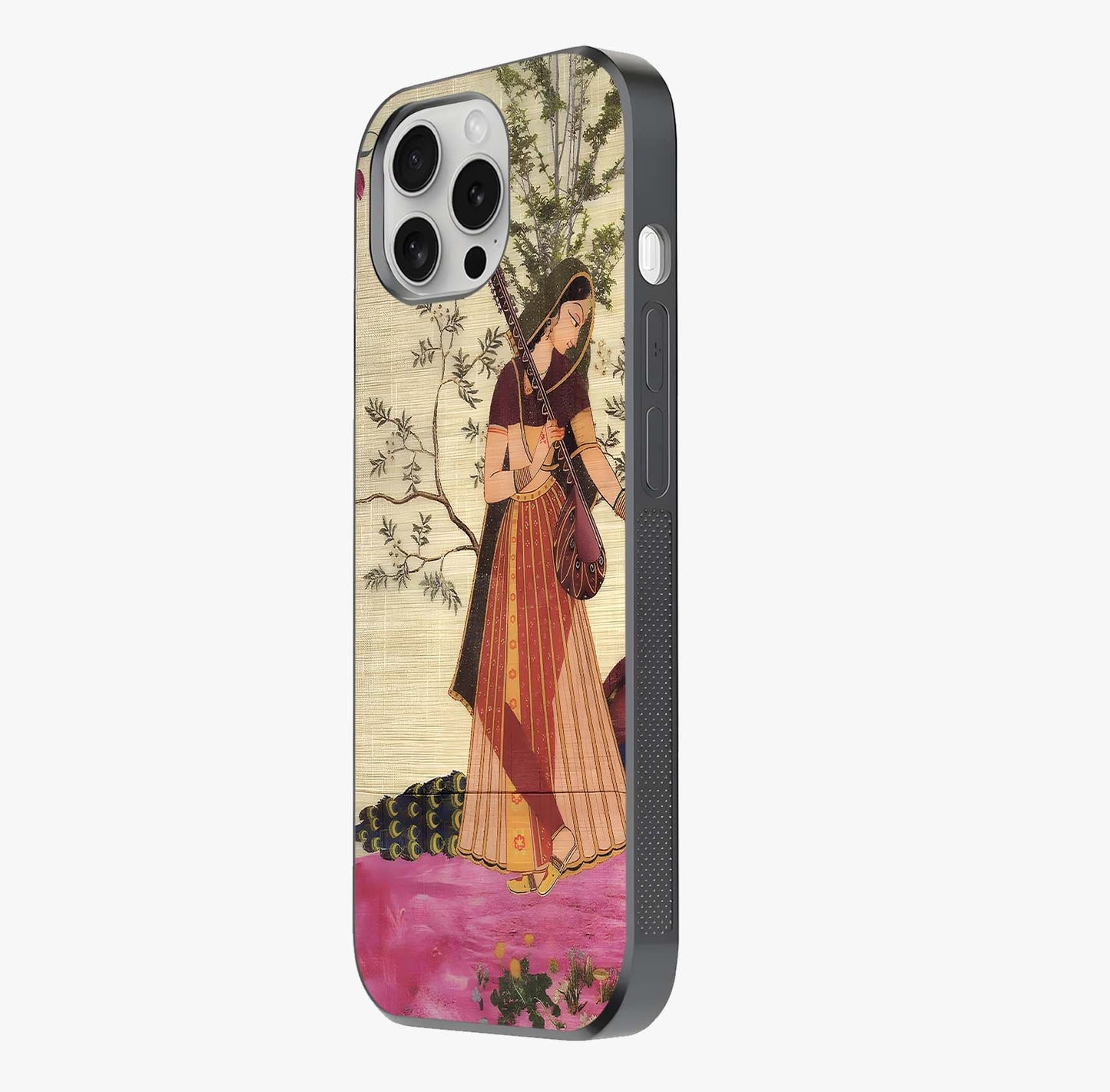 Lady With Veena Art Glass Case photographed in natural light showing reflective finish and design depth.