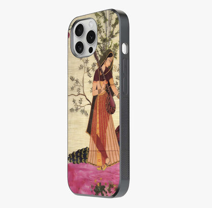 Lady With Veena Art Glass Case photographed in natural light showing reflective finish and design depth.