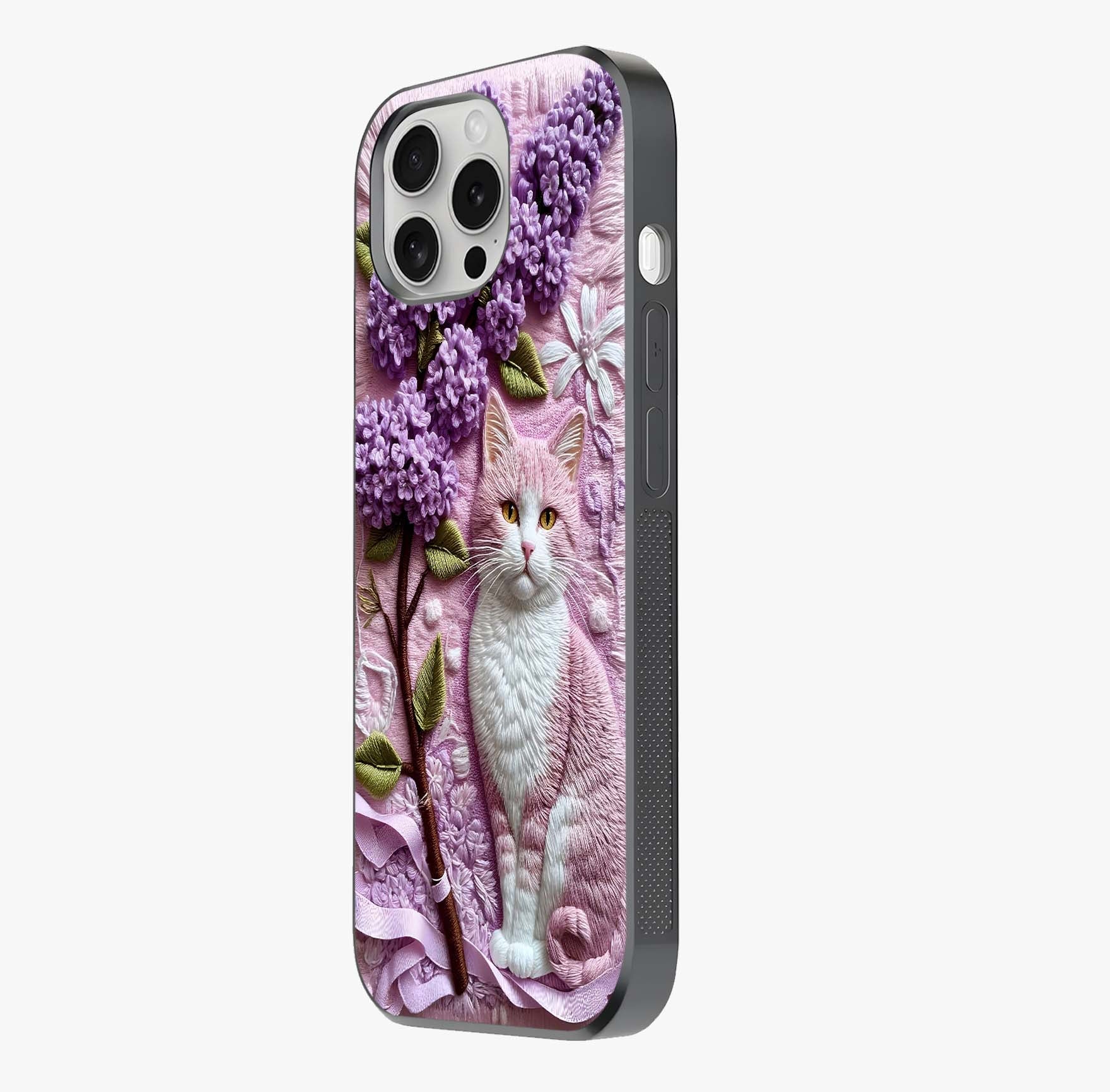 Lavender Cat Whimsy Glass Case photographed in natural light showing reflective finish and design depth.