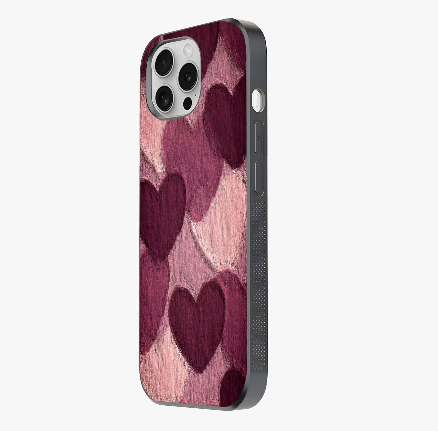 Layered Paper Hearts Glass Case photographed in natural light showing reflective finish and design depth.