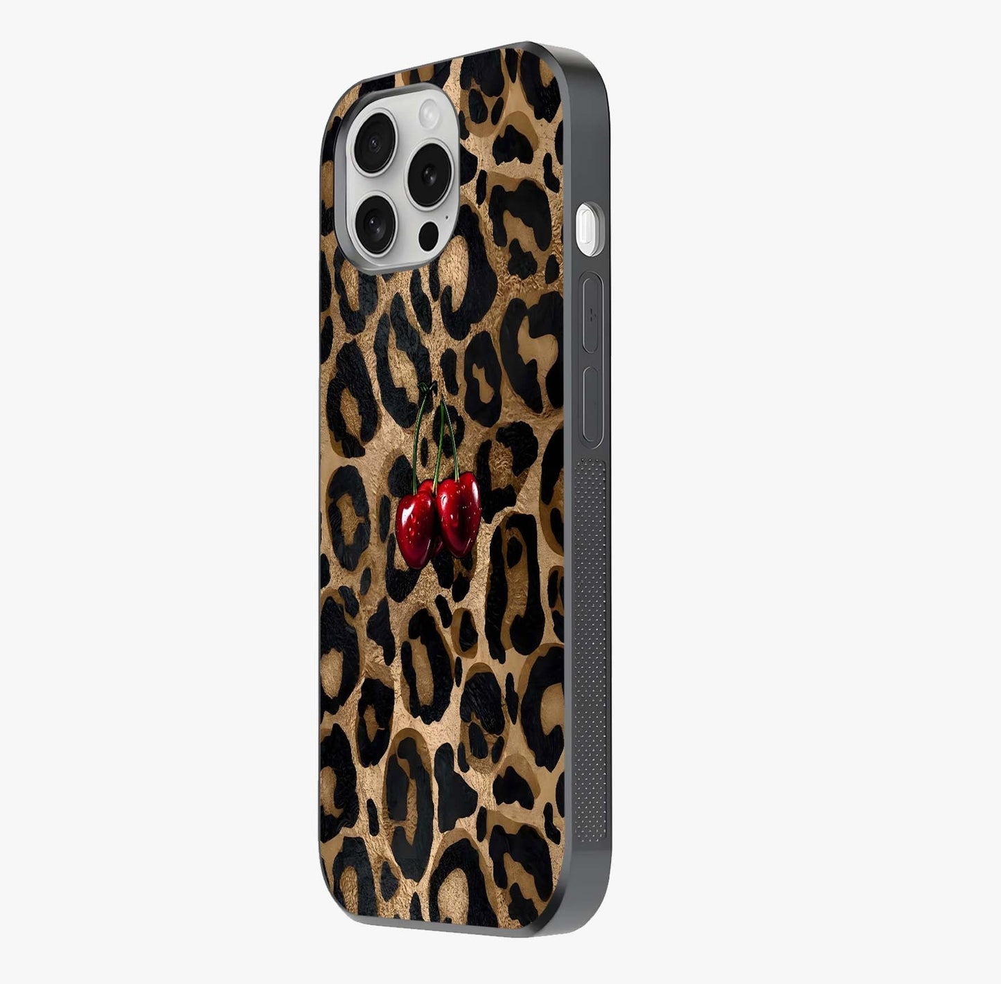 Leopard Wild Cherry Glass Case photographed in natural light showing reflective finish and design depth.