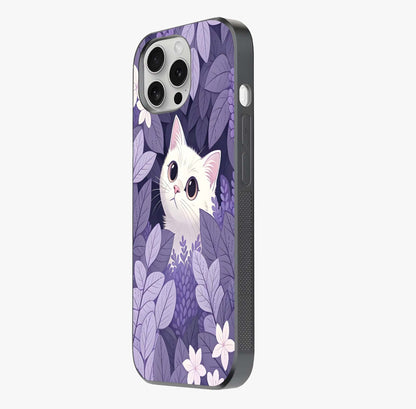 Lilac Hide Peek Cat Glass Case photographed in natural light showing reflective finish and design depth.