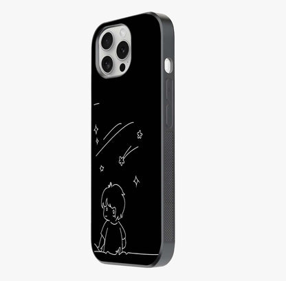 Line Art Boy With Shooting Stars Glass Case photographed in natural light showing reflective finish and design depth.