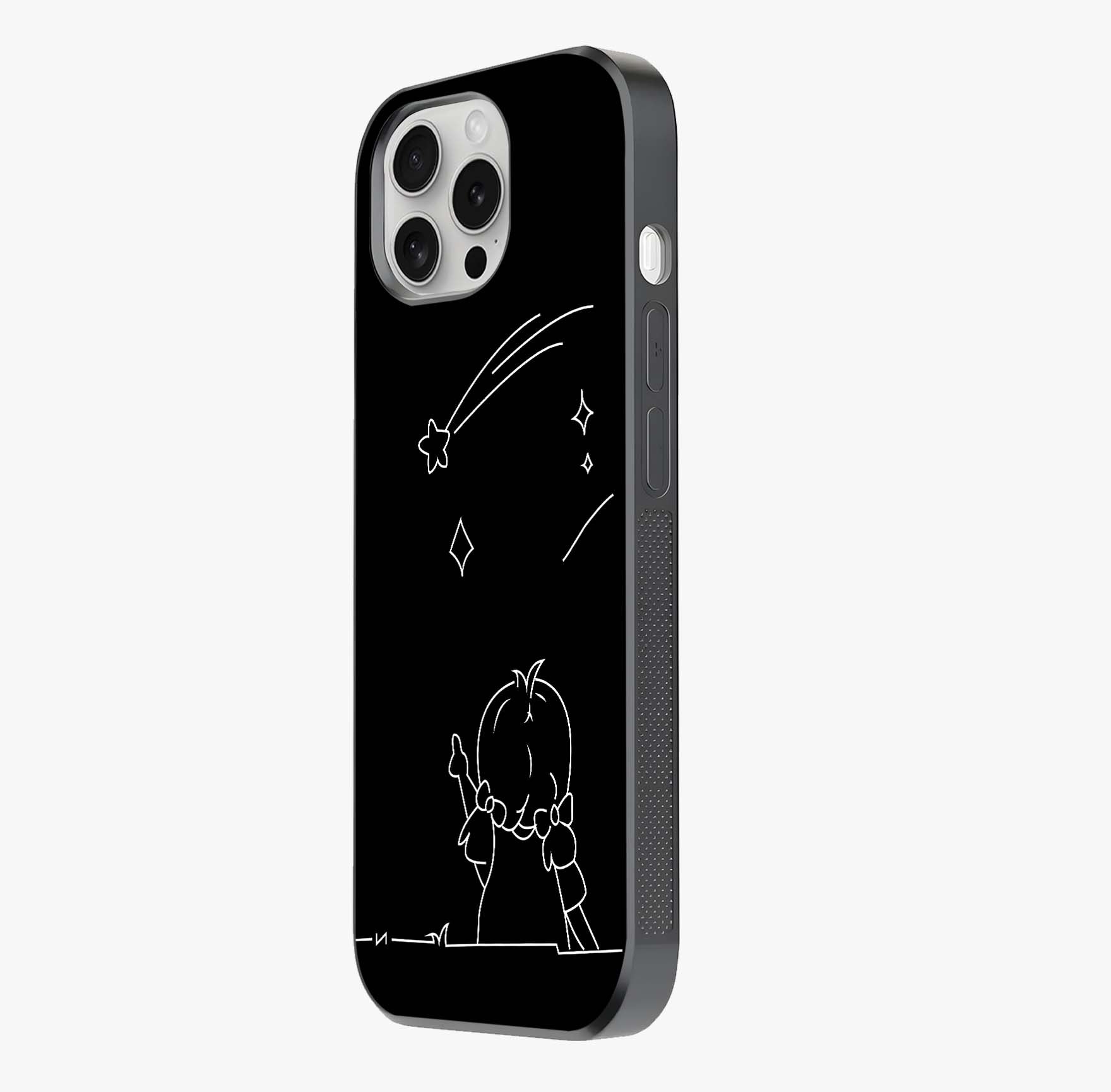 Line Art Girl With Shooting Stars Glass Case photographed in natural light showing reflective finish and design depth.