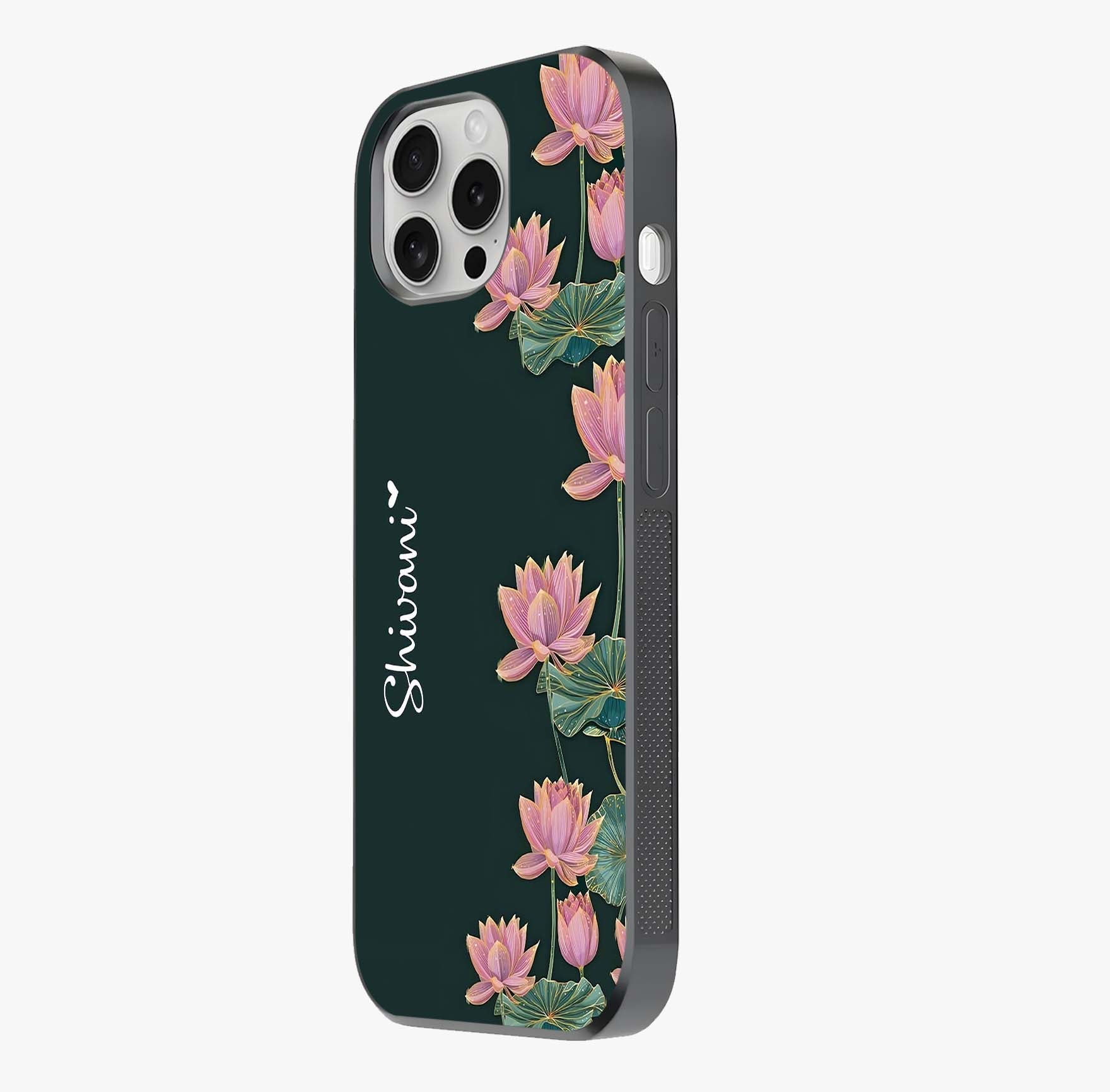 Lotus Bloom Serenity Custom Name Glass Case photographed in natural light showing reflective finish and design depth.