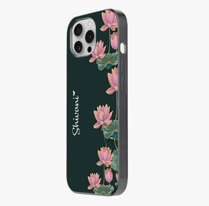 Lotus Bloom Serenity Custom Name Glass Case photographed in natural light showing reflective finish and design depth.