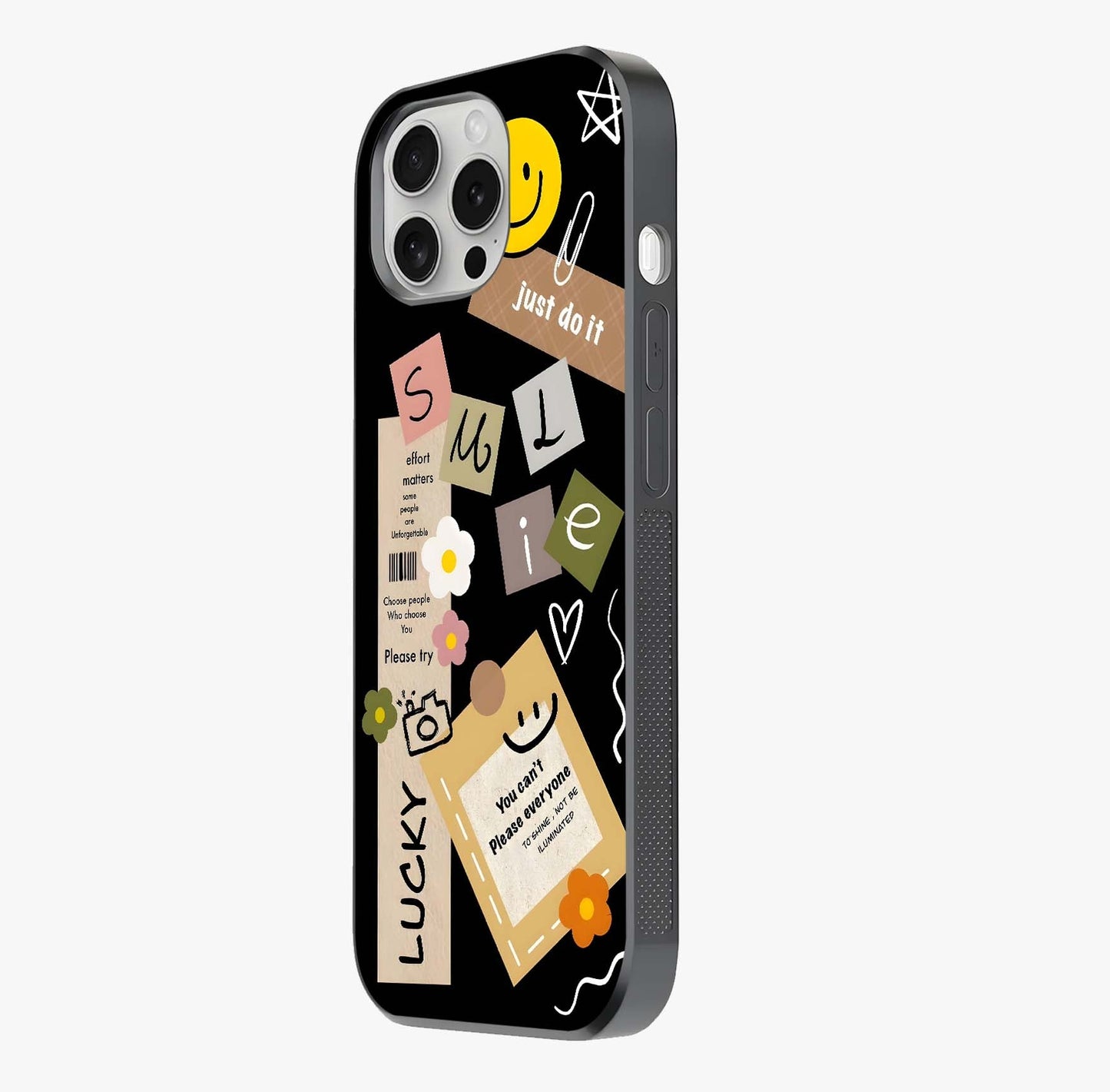 Lucky Aesthetic Collage Glass Case photographed in natural light showing reflective finish and design depth.