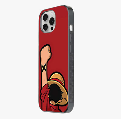 Luffy X Spirit Glass Case photographed in natural light showing reflective finish and design depth.