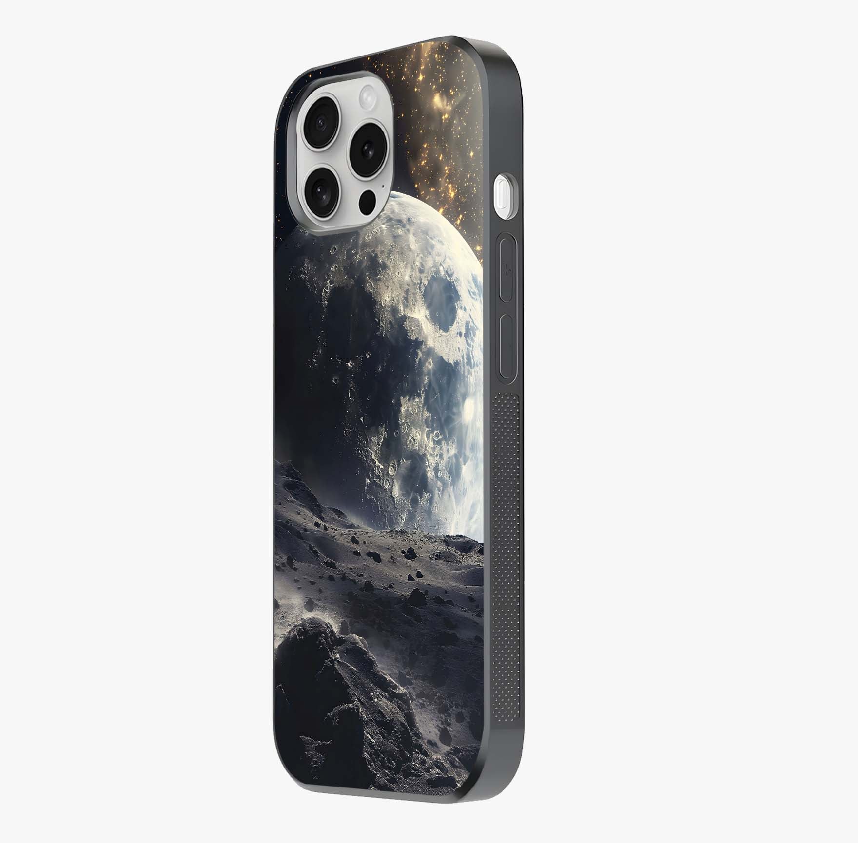 Lunar Horizon Glow Glass Case photographed in natural light showing reflective finish and design depth.